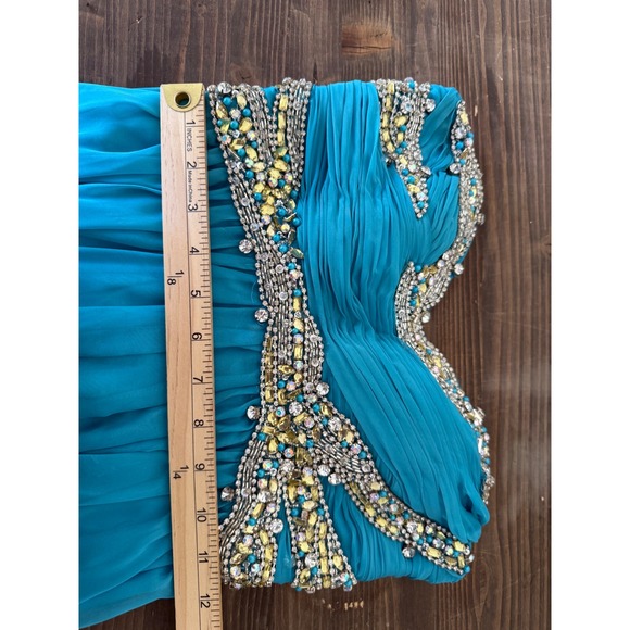 Sherri Hill Size 0 Blue Beaded Strapless Formal Gown Prom Dress Ruched Gemstones - Picture 16 of 16